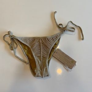 NEW Agua De Coco Gold Metallic Stretch Tie Side Full Coverage Bikini Swim Suit M